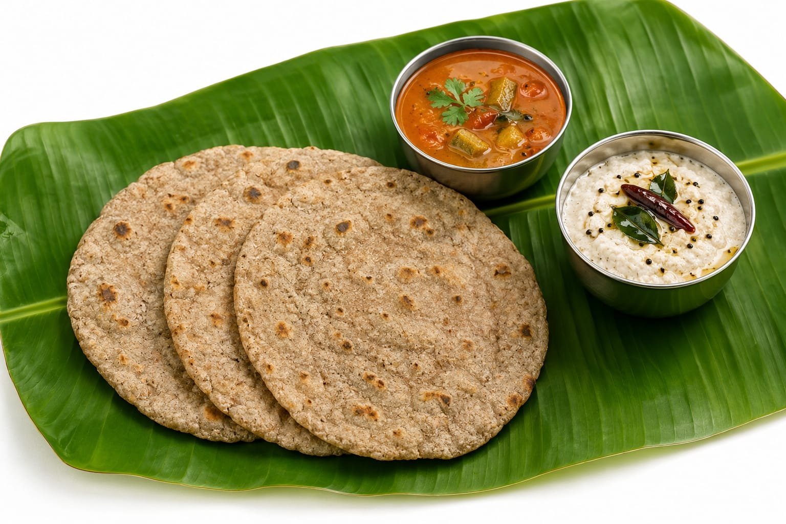 Freshly prepared Jonna Rotte with dal, curry and coconut chutney on a ceramic plate